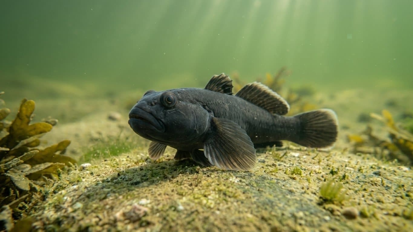 Svart smörbult, nästan sotsvart, sittande på en algbevuxen sten.