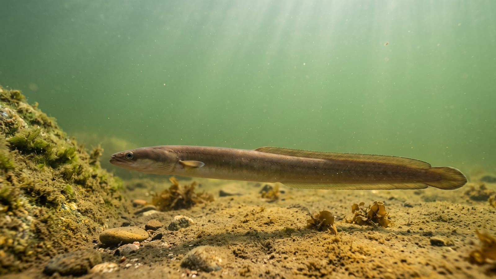 Ål som simmar tätt över en sandbotten med småsten, med ormlik kropp och rygg-, stjärt- och analfena i en enda sammanhängande söm.