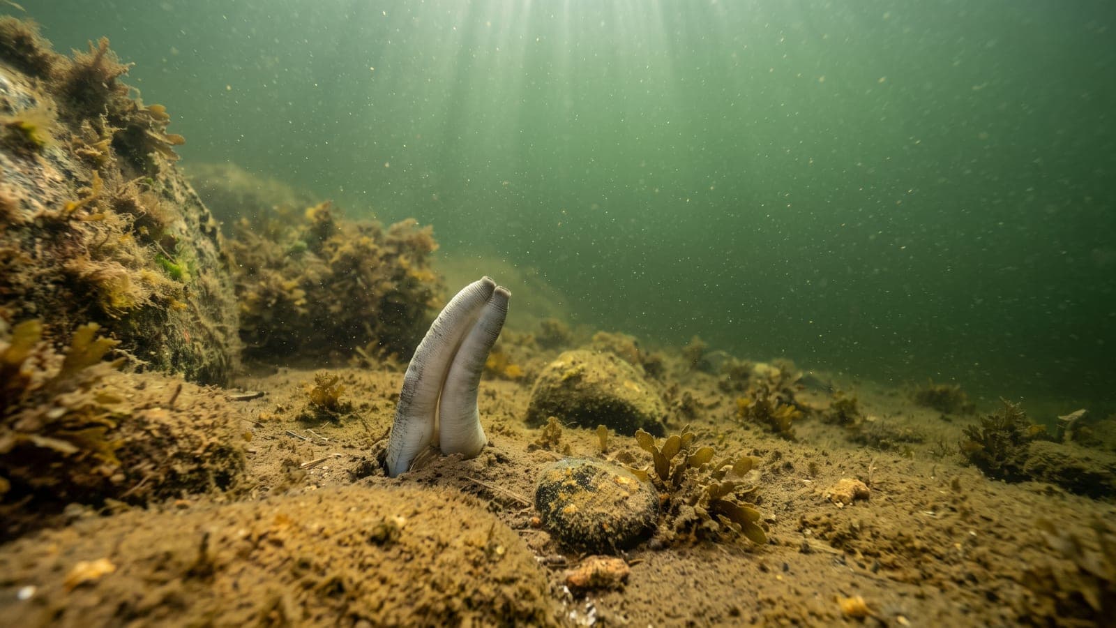 Sandmusslans två sammanvuxna andrör sticker upp ur sandbotten — resten av djuret ligger nergrävt.