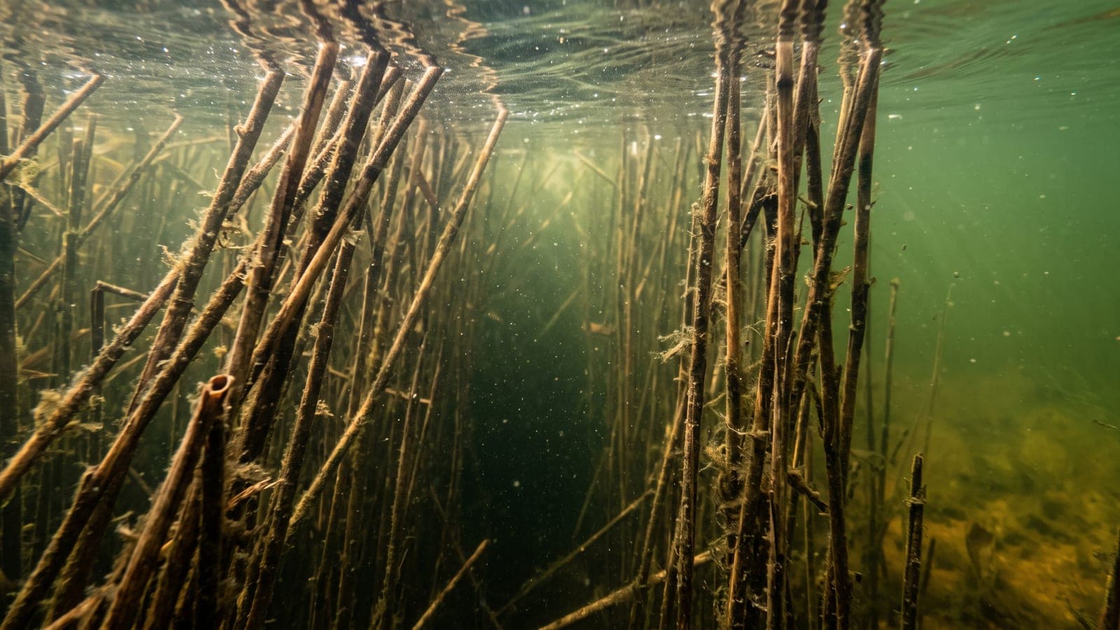 Vassbestånd sett under ytan, med grova bruna strån utan blad och ett avbrutet strå där det ihåliga röret syns.